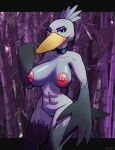  anthro avian avioylin big_beak big_breasts big_hands bird breasts choker dominant dominant_female female fist genitals hi_res jewelry looking_at_viewer makeup mature_female necklace nipple_piercing nipples nude pelecaniform piercing pussy shoebill solo thick_thighs 