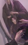  2boys black_coat black_hair black_robe brushing_another&#039;s_hair brushing_hair chinese_clothes closed_mouth coat comb dated dutch_angle facing_away grey_background hanfu holding holding_comb juuni_kokuki king_tai_(juuni_kokuki) light_smile long_hair looking_at_viewer male_focus mirror multiple_boys out_of_frame pov pov_hands purple_hair qingjiujiu reflection robe short_hair taiki_(juuni_kokuki) traditional_media white_hair 