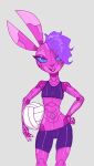  anthro b3ky_(phlegraofmystery) bike_shorts blue_eyes bottomwear breasts camel_toe clothing female glistening glistening_body hair hand_on_hip hi_res lagomorph leporid machine mammal phlegraofmystery pink_body purple_hair rabbit robot shorts slim small_breasts solo sport tight_clothing tight_topwear tomboy topwear volleyball wide_hips 
