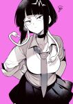  1boy 1girl arms_behind_back audio_jack boku_no_hero_academia breasts choker closed_mouth collarbone commentary cowboy_shot earplugs frown highres jirou_kyouka kaminari_denki looking_at_viewer loose_necktie medium_breasts monochrome necktie pink_background school_uniform shirt short_hair simple_background skirt solo_focus squiggle symbol-only_commentary takatsuki_ichi u.a._school_uniform 