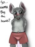  2022 3:4 anthro big_eyes boxers_(clothing) clothed clothing dialogue english_text fur genitals grey_body grey_eyes grey_fur hands_behind_back hi_res illegaleel male mammal murid murine netflix penis poking_out portrait rat rodent simple_background solo text the_house_(netflix) three-quarter_portrait topless topless_anthro topless_male underwear white_background 