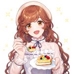  1girl :d absurdres brown_eyes brown_hair character_request dessert dress earrings food gabi&#039;s_room highres holding holding_plate holding_spoon jewelry long_hair plate see-through shiraho_(m_shiraho) simple_background smile spoon wavy_hair white_background white_dress 