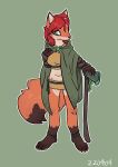 3_toes absurd_res anthro axe barefoot canid canine cape claws clothing crowskull feet female fox fur green_eyes hair hi_res mammal melee_weapon midriff orange_body orange_fur orange_hair pawpads simple_background solo toe_claws toes weapon 