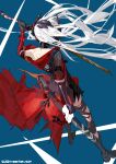  1girl absurdres back bandaged_leg bandages boots from_above from_behind full_body gohanduck highres long_hair looking_down lucia:_crimson_abyss_(punishing:_gray_raven) mechanical_arms punishing:_gray_raven scar solo sword torn_jacket weapon white_hair 
