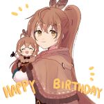  1girl ahoge bangs birthday brown_capelet brown_cloak brown_corset brown_eyes brown_hair capelet cloak corset english_text feather_hair_ornament feathers hair_ornament hairclip happy_birthday hieroglyphics highres hololive hololive_english long_hair mogufuuri multicolored_hair multiple_persona nanashi_mumei ponytail shirt smol_mumei streaked_hair very_long_hair virtual_youtuber white_shirt 