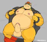  2022 anthro armband balls belly big_balls big_belly big_moobs big_penis bottomwear bottomwear_down bowser bowser_day bracelet clothed clothing dot_eyes erection eyebrows genitals grey_background hair hi_res horn humanoid_genitalia humanoid_penis jewelry koopa lying male manlyster mario_bros moobs nintendo nipples non-mammal_balls non-mammal_nipples on_back open_clothing open_shirt open_topwear overweight overweight_anthro overweight_male pants pants_down partially_clothed penis scalie shirt signature simple_background solo spiked_armband spiked_bracelet spikes teeth thick_thighs topwear video_games 