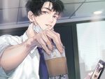  1boy black_hair blue_necktie brown_eyes ceiling cellphone cup disposable_cup formal guru_(nicocco) holding holding_cup holding_phone indoors male_focus mask mole mole_under_eye necktie original phone piercing_hole salaryman shirt short_hair smartphone solo suit white_shirt window 