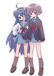  2girls :3 ahoge arms_at_sides bangs blue_hair blue_skirt brown_cardigan brown_footwear brown_socks cardigan cosplay crossover ears_visible_through_hair expressionless hairband hand_on_hip happy highres izumi_konata kita_high_school_uniform kneehighs long_hair long_sleeves lucky_star mary_janes medium_hair multiple_girls nagato_yuki neckerchief one_eye_closed open_mouth pleated_skirt purple_hair red_neckerchief ri_(qrcode) school_uniform serafuku shirt shoes sidelocks simple_background skirt socks suzumiya_haruhi_no_yuuutsu tareme tsurime very_long_hair white_background white_shirt yellow_hairband 