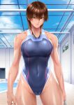  1girl bangs bare_shoulders blue_sky breasts brown_eyes brown_hair cloud cloudy_sky collarbone commentary_request competition_swimsuit covered_navel day goggles goggles_around_neck highleg highres holding ikumo_taisuke indoors lips looking_at_viewer medium_breasts one-piece_swimsuit original parted_lips pool shiny shiny_hair shiny_skin short_hair simple_background sky solo swimsuit tan tanlines thighs water water_drop wet 