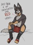  anthro armpit_hair body_hair bulge canid canine canis clothing domestic_dog footwear long_socks male mammal muscular_thighs pinup pose red_clothing ricthecusco scar sitting slim socks solo underwear 
