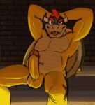  anthro bowser bowser_day brick_wall erection genitals hands_behind_head hi_res lava lewd_latte male mario_bros musclegut muscular nintendo penis shell sitting solo tongue tongue_out video_games wall_(structure) 