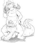  2021 3_toes 4_fingers 5:6 anthro balls big_penis big_tobacco_(character) cigar crocodile crocodilian crocodylid english_text erection feet fingers foreskin genitals half-closed_eyes hand_on_hip hi_res holding_cigar holding_object humanoid_genitalia humanoid_penis klotzzilla looking_at_viewer male markings monochrome narrowed_eyes penis penis_on_ground reptile scalie shadow sharp_teeth simple_background smile smoke smoke_from_nose smoking solo standing teeth text text_markings text_on_body toes vein veiny_penis white_background 