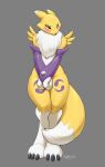  absurd_res armwear badroy bandai_namco blue_eyes blush claws clothing digimon digimon_(species) elbow_gloves female fluffy_chest fur gloves handwear hi_res hindpaw paws renamon shy solo thick_thighs yellow_body yellow_fur 
