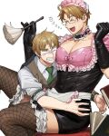  &gt;_&lt; 2boys :d ahoge alternate_costume america_(hetalia) apron axis_powers_hetalia black_gloves blank_eyes blonde_hair book choker clenched_teeth crossdressing dress dropping elbow_gloves enmaided face_to_pecs feather_duster fishnet_thighhighs fishnets frilled_choker frilled_thighhighs frills gloves indoors large_pectorals latex latex_dress latex_gloves laughing littleb623 maid maid_headdress male_focus multiple_boys pectoral_cleavage pectorals puffy_short_sleeves puffy_sleeves short_sleeves simple_background sitting sitting_on_person smile sweatdrop teeth thick_eyebrows thighhighs united_kingdom_(hetalia) waist_apron white_background xd yaoi 
