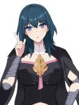  armlet armor bangs blue_eyes blue_hair bodice breasts bustier byleth_(fire_emblem) byleth_(fire_emblem)_(female) capelet clothing_cutout coat fire_emblem fire_emblem:_three_houses hand_on_hip highres navel_cutout short_sleeves shoulder_armor tassel teacher turtleneck vambraces 