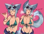  1girl 2girls ahoge animal_ears artist_name bare_arms bare_shoulders belt bikini blue_shorts bracelet breasts breath cleavage closed_eyes collarbone commentary_request cowboy_shot eyewear_on_head fang front-tie_bikini front-tie_top green_bikini green_nails grey_hair hair_between_eyes highres jewelry large_breasts long_hair micro_shorts multiple_girls nail_polish navel open_clothes open_mouth open_shorts original pink_background shadow shorts simple_background solo string_bikini sunglasses sweat swimsuit tail tail_raised thick_eyebrows waa153 wavy_mouth 