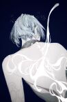  1other absurdres backless_outfit bare_back bare_shoulders blue_background blue_hair facing_away from_behind halterneck highres houseki_no_kuni light_particles other_focus phosphophyllite phosphophyllite_(ll) quanxiahanyan short_hair simple_background smoke solo spoilers torn_clothes upper_body 