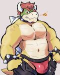  2022 absurd_res anthro big_muscles bottomwear bowser bowser_day bracelet breath_powers bulge claws clothed clothing collar dressing elemental_manipulation eyebrows fire fire_breathing fire_manipulation frown grey_background hair hi_res horn jewelry jockstrap koopa looking_down male mario_bros muscular muscular_anthro muscular_male navel nintendo pants pecs scalie shell simple_background skipperz solo spiked_bracelet spiked_collar spiked_shell spikes spikes_(anatomy) standing teeth tight_clothing topless topless_anthro topless_male underwear unzipped video_games 