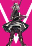  1girl back black_skirt clothing_cutout crossed_arms from_behind from_below gohanduck grey_hair highres nanami_(punishing:_gray_raven) panties pantyshot ponytail pose punishing:_gray_raven purple_background shoulder_cutout skirt solo underwear upper_body v 