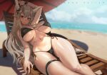  absurd_res beach big_breasts bikini breasts clothing female hair hi_res horn horned_humanoid humanoid humanoid_pointy_ears light_body light_skin long_hair navel not_furry seaside side-tie_bikini solo swimwear tamada_heijun umbrella 