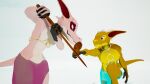  16:9 3d_(artwork) 4k absurd_res anthro claws clothed clothing digital_media_(artwork) duo gavit harem_jewelry harem_outfit hi_res holding_object holding_weapon horn humanoid jewelry kobold kobold_dellarte low_poly male melee_weapon reptile scalie simple_background sword swordfight training training_sword weapon widescreen 