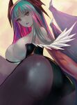  1girl artist_name ass ass_focus bat_wings breasts cleavage colored_inner_hair colored_skin commentary curvy demon_girl demon_wings from_side gradient_hair green_eyes green_hair highres huge_ass large_breasts leotard long_hair looking_at_viewer meke_(77842928) morrigan_aensland multicolored_hair night open_mouth pantyhose pink_hair purple_pantyhose sideboob signature solo symbol-only_commentary thick_thighs thighs twisted_torso vampire_(game) white_skin wings 