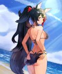  1girl absurdres adjusting_clothes adjusting_swimsuit animal_ear_fluff animal_ears ass bangs bare_shoulders bikini black_hair blush breasts closed_mouth cloud cowboy_shot halter_top halterneck high_ponytail highres hololive kumaro lens_flare looking_at_viewer looking_back medium_breasts ocean ookami_mio outdoors ponytail profile sand shoulder_blades smile solo swimsuit tail virtual_youtuber water wet wolf_ears wolf_girl wolf_tail wristband yellow_eyes 