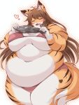  &lt;3 ahoge anthro belly big_belly big_breasts bikini blush breasts brown_hair clothing eating eyes_closed felid female fish_meat fluffy fluffy_tail food fur fur_markings hair hi_res inner_ear_fluff kurocazenosora looking_at_viewer love_handles mammal markings meat navel neck-fluff open_mouth orange_body orange_fur overweight pantherine portrait simple_background solo standing stripes swimwear thick_thighs three-quarter_portrait tiger tuft white_body white_fur wide_hips 