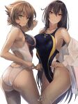  2girls ass back black_hair black_swimsuit breasts brown_hair competition_swimsuit covered_navel green_eyes highres kantai_collection kasumi_(skchkko) large_breasts lips long_hair looking_at_viewer multiple_girls mutsu_(kancolle) nagato_(kancolle) one-piece_swimsuit red_eyes shirt short_hair simple_background smile swimsuit turtleneck two-tone_swimsuit wet wet_clothes wet_swimsuit white_background white_shirt white_swimsuit 
