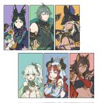  3boys 3girls abs al-haitham_(genshin_impact) animal_ear_fluff animal_ears bangs black_hair breasts brown_hair crop_top cyno_(genshin_impact) dark-skinned_female dark-skinned_male dark_skin dehya_(genshin_impact) detached_sleeves dress ear_piercing flower genshin_impact gloves green_eyes green_hair hair_between_eyes hair_ornament hair_over_one_eye highres horns jewelry long_hair looking_at_viewer medium_breasts multicolored_hair multiple_boys multiple_girls nahida_(genshin_impact) nilou_(genshin_impact) open_mouth orange_hair papajay_(jennygin2) piercing pointy_ears ponytail red_eyes red_hair side_ponytail simple_background tighnari_(genshin_impact) toned toned_male 