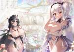  3girls alternate_costume antlers apple_caramel arm_under_breasts azur_lane babydoll bare_shoulders breast_hold breasts choker cleavage closed_mouth cowboy_shot crystal curtains elbow_gloves falling_petals flower formidable_(azur_lane) fountain frilled_choker frilled_hairband frills glass_ceiling gloves hair_flower hair_ornament hairband half_gloves highres holding holding_flower illustrious_(azur_lane) indomitable_(azur_lane) indoors large_breasts long_hair maid_headdress manjuu_(azur_lane) multiple_girls navel necktie no_panties palace parted_lips petals pink_flower purple_flower red_eyes revealing_clothes scenery see-through smile sparkle thighs twintails white_choker white_flower white_gloves white_hair 