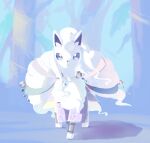  3_toes :&lt; absurd_res alolan_form alolan_ninetales ambiguous_gender anklet asian_clothing black_nose blue_clothing blue_eyes blue_inner_ear blue_kimono blue_pupils canid canine clothed clothed_feral clothing colored day detailed_background digital_media_(artwork) east_asian_clothing feet feral fluffy fluffy_chest fluffy_tail forest front_view full-length_portrait fully_clothed fur gem glistening glistening_eyes hair hi_res holowear_(pok&eacute;mon) inner_ear_fluff japanese_clothing jewelry kemono kimono long_hair looking_at_viewer mammal mogu_mogu_um monotone_body monotone_ears monotone_fur monotone_hair monotone_tail multi_tail nintendo outside paws pigtails plant pok&eacute;ball pok&eacute;mon pok&eacute;mon_(species) pok&eacute;mon_unite portrait print_clothing pupils quadruped regional_form_(pok&eacute;mon) ribbons sacred_style_alolan_ninetales sapphire_(gem) shaded snowflake_print solo standing toes tree tuft video_games white_body white_ears white_fur white_hair white_inner_ear_fluff white_ribbon white_tail winter 