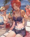  2girls 791_(meiyuewudi) :d alcohol beach beach_chair belt black_shorts blue_eyes blue_shirt blue_sky bottle breasts can champagne cleavage closed_mouth cloud cloudy_sky denim denim_shorts full_body hat highres holding holding_can honkai_(series) honkai_impact_3rd jacket jewelry long_hair looking_at_viewer multiple_girls murata_himeko murata_himeko_(scarlet_fusion) navel necklace open_clothes open_jacket open_mouth outdoors palm_tree red_hair seashell see-through shell shirt shorts sitting sky smile soda_can squatting straw_hat table theresa_apocalypse theresa_apocalypse_(valkyrie_pledge) towel tree water white_hair yellow_eyes yellow_jacket 