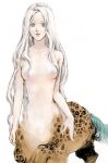  1girl blue_eyes breasts chimera collarbone cowboy_shot endou_saya_(artist) grey_eyes hair_over_breasts haku_sanshi juuni_kokuki leopard_girl lizard_tail long_hair looking_at_viewer medium_breasts monster_girl no_nipples nude nyokai simple_background solo tail taur white_hair 