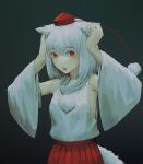  1girl :o animal_ears bangs detached_sleeves googerm highres impasto inubashiri_momiji looking_at_viewer open_mouth pom_pom_(clothes) red_eyes red_skirt shirt short_hair skirt solo tail touhou upper_body white_hair white_shirt white_sleeves wolf_ears wolf_girl wolf_tail 