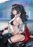  1girl ass azur_lane bangs bare_shoulders bikini black_bikini black_hair black_swimsuit black_thighhighs blush breasts building drill_locks eyewear_on_head feet_out_of_frame ground_vehicle highres jacket jacket_pull long_hair long_sleeves looking_at_viewer medium_breasts motor_vehicle motorcycle official_alternate_costume open_clothes open_jacket open_mouth race_queen red_eyes red_jacket sideboob sitting solo sunglasses swimsuit taihou_(azur_lane) taihou_(enraptured_companion)_(azur_lane) thighhighs thighs twintails zero77776 