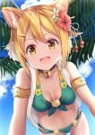  animal_ears armlet bangs bell bikini blonde_hair breasts cat_ears cat_girl green_bikini hair_ornament hairclip highres hiyori_(princess_connect!) jingle_bell mia_(kuja999) open_clothes open_vest orange_eyes princess_connect! short_hair swimsuit vest 