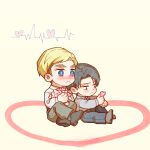  2boys bangs belt black_footwear black_hair blonde_hair blue_eyes blue_pants blush brown_hair chibi collared_shirt crossed_legs embarrassed erwin_smith full_body ggggg grey_shirt heart heartbeat holding holding_heart knee_up knees_up leaning_on_person levi_(shingeki_no_kyojin) long_sleeves looking_away male_focus multiple_boys outstretched_arm outstretched_leg pants shingeki_no_kyojin shirt shoes short_hair side-by-side sideburns simple_background sitting white_shirt yaoi yellow_background 