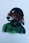  absurd_res anthro beanie canid canine canis clothing emo folded_ears grunge hair hat headgear headwear hi_res hoodie male mammal painting_(artwork) portrait shaded smile solo spiky_hair topwear traditional_media_(artwork) watercolor_(artwork) whisker_spots wolf 