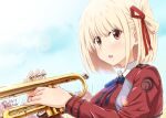  anzai_chika blue_ribbon blue_sky blush diesel-turbo dress flower hair_ribbon hibike!_euphonium holding holding_instrument instrument lens_flare lycoris_recoil nishikigi_chisato open_mouth red_dress red_eyes ribbon short_hair signature sky spider_lily trumpet uniform voice_actor_connection 