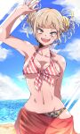  1girl bangs beach bikini blonde_hair blunt_bangs blush boku_no_hero_academia breasts camouflage camouflage_bikini cleavage collarbone double_bun earrings fangs hair_bun highres jewelry medium_breasts narrow_waist navel open_mouth sarong shinonome_mozuku skindentation sky smile solo stomach striped swimsuit toga_himiko water waving wide_hips yellow_eyes 