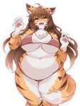  ahoge anthro belly big_breasts bikini blush breasts brown_hair clothing felid female fluffy fluffy_tail fur fur_markings green_eyes hair hi_res inner_ear_fluff kurocazenosora looking_at_viewer love_handles mammal markings navel neck-fluff open_mouth orange_body orange_fur overweight pantherine paw_pose portrait pose simple_background solo standing stripes swimwear thick_thighs three-quarter_portrait tiger tuft white_body white_fur wide_hips 