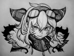 1girl drawfag fur_trim goggles goggles_on_head greyscale hair_behind_ear hololive hololive_indonesia jacket kaela_kovalskia looking_at_viewer medium_hair monochrome open_mouth portrait smile solo traditional_media virtual_youtuber 