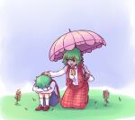  2girls ascot blue_shorts breasts cape collared_shirt flower grass green_hair headpat holding holding_umbrella hugging_own_legs kazami_yuuka long_skirt long_sleeves looking_at_another medium_breasts multiple_girls on_ground parasol plaid plaid_skirt plaid_vest red_cape red_skirt red_vest seiza shirt short_hair shorts sitting skirt skirt_set smile socks sunflower touhou umbrella vest wavy_hair white_shirt wriggle_nightbug yellow_ascot yoruny 