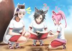  3boys ? ?? air_shakur_(umamusume) animal_ears bangs black_hair blunt_bangs blush breasts closed_mouth dirty dirty_face eyebrow_piercing flat_chest frown gold_ship_(umamusume) grey_hair gym_uniform haru_urara_(umamusume) headband high_heels highres horse_ears horse_girl horse_tail kneeling long_hair medium_breasts motsushi mudball multiple_boys musical_note notice_lines open_mouth parted_bangs piercing pillbox_hat pink_hair ponytail red_shorts shirt shoes short_sleeves shorts smile sneakers squatting tail tiptoes umamusume white_shirt 