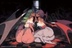  2girls animal_print ass bat_print black_leotard blood blue_pantyhose breasts capcom demon_girl demon_wings feet green_hair head_wings holding_hands imminent_kiss implied_yuri incest kim_hyung_tae leotard lilith_aensland long_hair moon morrigan_aensland multiple_girls official_art pantyhose purple_hair purple_pantyhose second-party_source siblings sideboob sisters thong thong_leotard toes vampire_(game) watermark window wings yuri 