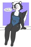  anthro blush claws clothed clothing digital_media_(artwork) fur hair hi_res male mammal mephitid overalls simple_background sitting skunk smile solo 
