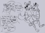  2021 animatronic annoyed anthro bottomwear canid canine clothing dialogue digital_drawing_(artwork) digital_media_(artwork) embrace english_text eye_patch eyebrows eyewear five_nights_at_freddy&#039;s fluffy fluffy_tail fox foxy_(fnaf) freckles freddy_(fnaf) golden_freddy_(fnaf) group hand_on_leg hand_on_shoulder hand_on_thigh happy hat hat_only head_tuft headgear headgear_only headwear headwear_only hook_hand hug long_tail looking_away looking_down machine male male/male mammal mostly_nude on_lap open_mouth open_smile pants pants_only robot scottgames sharp_teeth sitting_on_lap sketch skkortysoup smile talking_to_another teeth text thick_eyebrows top_hat trio tuft ursid video_games 