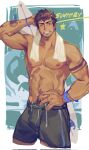  1boy ardbert_(ff14) arm_tattoo bara black_hair black_male_swimwear blue_eyes final_fantasy final_fantasy_xiv hand_on_hip highres jiecaoxiong large_pectorals looking_at_viewer male_focus male_swimwear muscular navel navel_hair nipples pectorals short_hair smile solo tattoo teeth topless_male towel towel_around_neck 