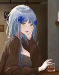  1girl absurdres alcohol bangs blue_hair blush brown_jacket cup earrings from_side girls&#039;_frontline green_eyes grey_shirt hair_ornament hairclip hand_on_own_cheek hand_on_own_face hanser highres hk416_(girls&#039;_frontline) holding holding_cup jacket jewelry long_hair looking_at_viewer open_mouth parted_lips shirt sitting smile solo table teardrop_facial_mark teardrop_tattoo upper_body 